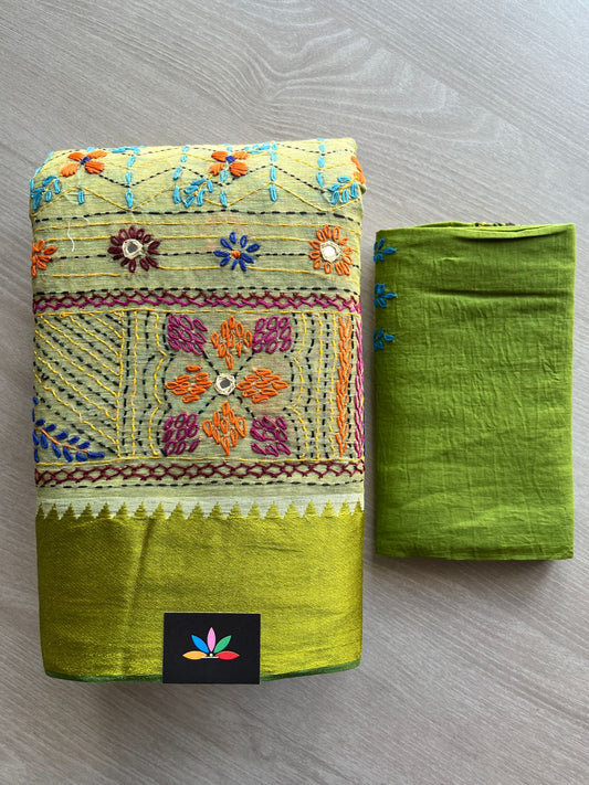 Light Olive Green Contrast Border Hand Embroidered Cotton Saree - 32293