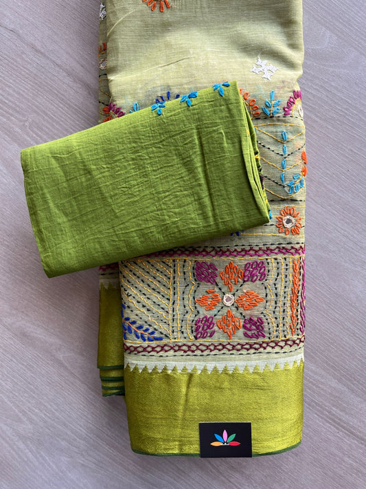 Light Olive Green Contrast Border Hand Embroidered Cotton Saree - 32293