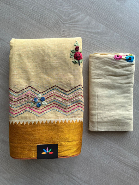 Honey Beige Contrast Border Hand Embroidered Cotton Saree - 32294