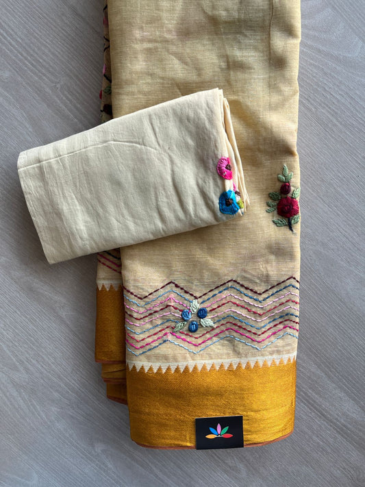 Honey Beige Contrast Border Hand Embroidered Cotton Saree - 32294
