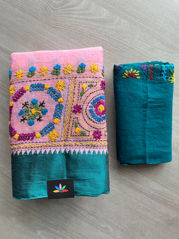 Baby Pink Contrast Border Hand Embroidered Cotton Saree - 32295