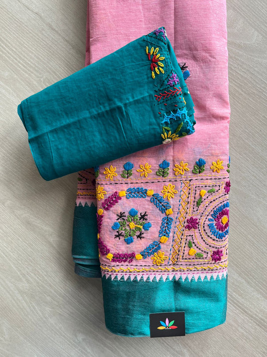 Baby Pink Contrast Border Hand Embroidered Cotton Saree - 32295