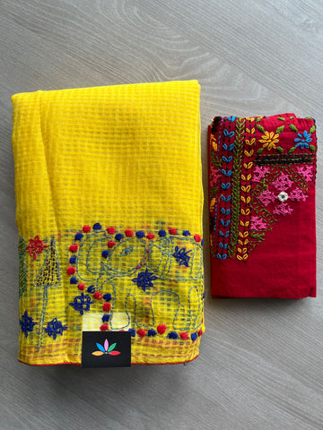 Bright Yellow Handcrafted Resham Kota Lambani Saree - 32298
