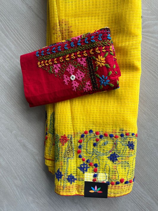 Bright Yellow Handcrafted Resham Kota Lambani Saree - 32298