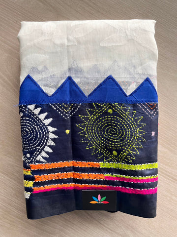 White Jacquard Resham Kantha Stitch Border Cotton Saree - 33233