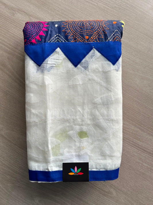 White Kantha Stitch Jacquard Resham Border Cotton Saree - 33236