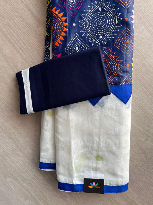 White Kantha Stitch Jacquard Resham Border Cotton Saree - 33236