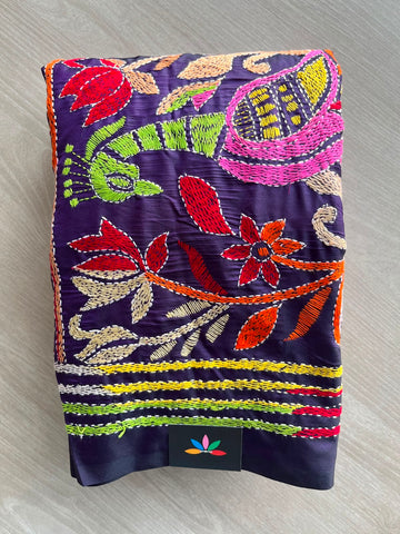 Deep Violet Kantha Stitch Semi Bangalore Silk Saree - 33237