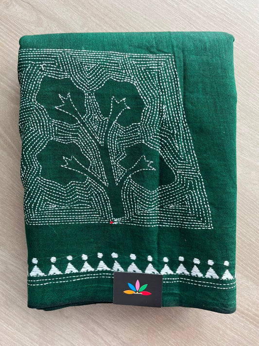 Emerald Green Kantha Stitch Cotton Saree - 33499