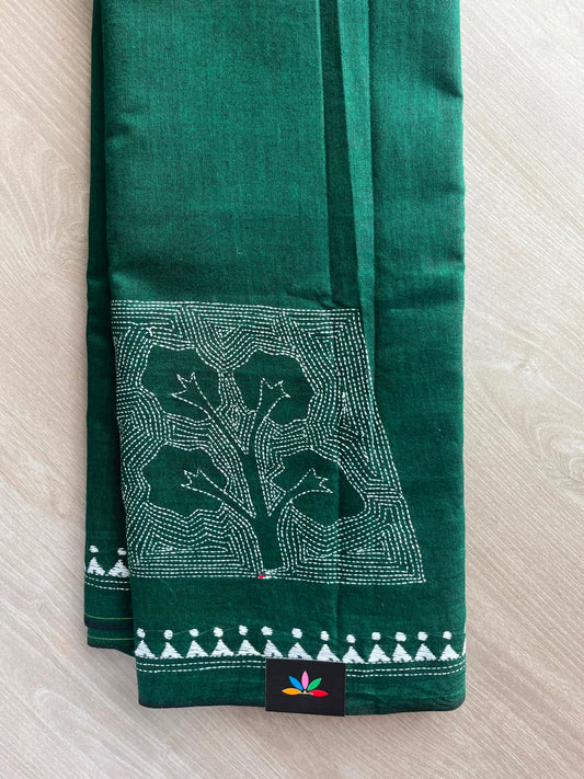 Emerald Green Kantha Stitch Cotton Saree - 33499