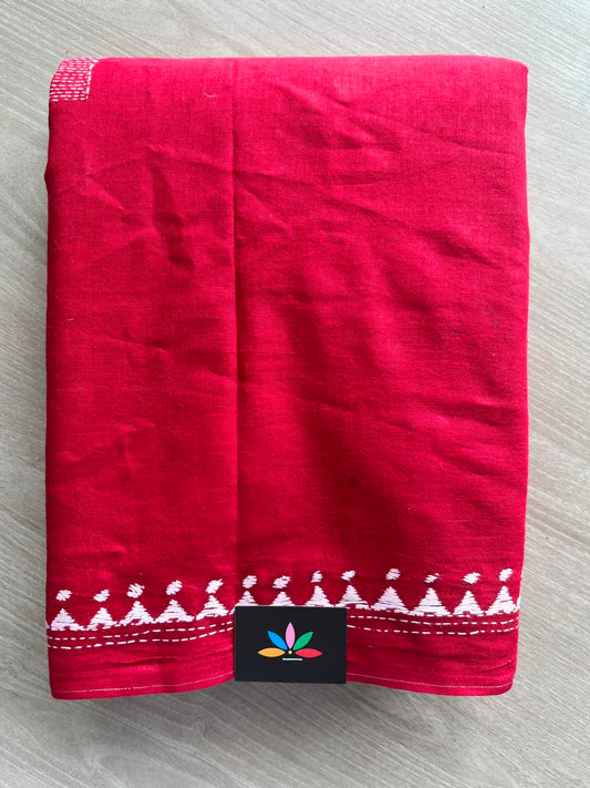 Cherry Red Kantha Stitch Cotton Saree - 33500