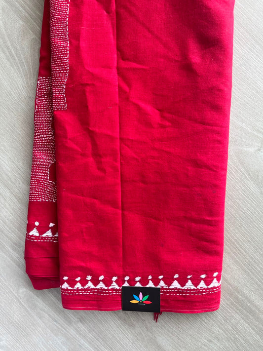 Cherry Red Kantha Stitch Cotton Saree - 33500