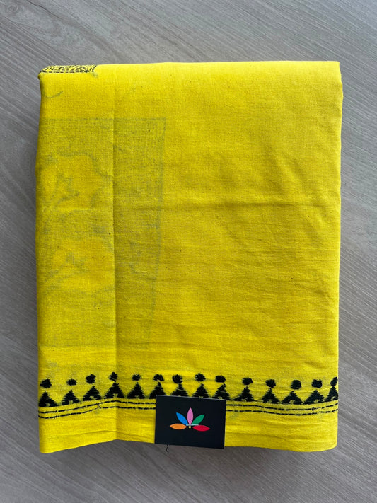 Bright Yellow Kantha Stitch Cotton Saree - 33501