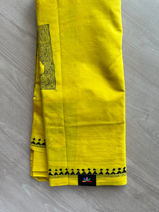Bright Yellow Kantha Stitch Cotton Saree - 33501