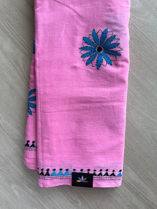 Persian Pink Kantha Stitch Cotton Saree - 33502