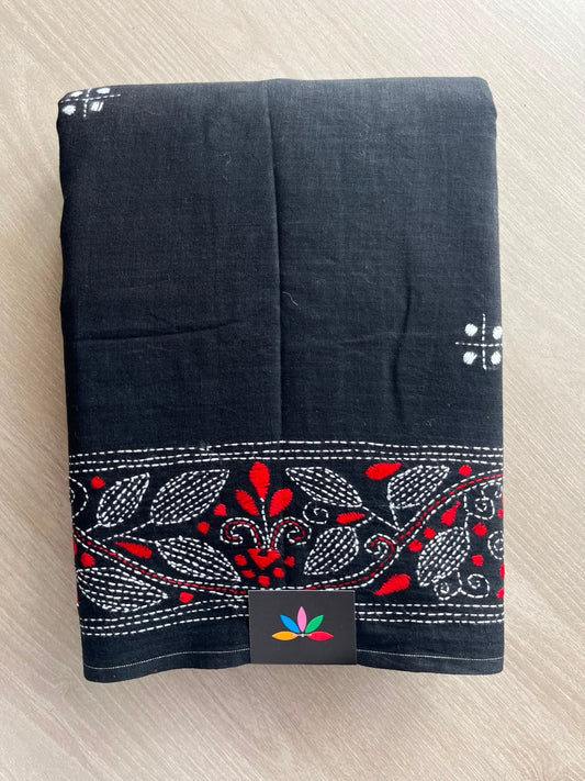 Black Kantha Stitch Cotton Saree - 33505