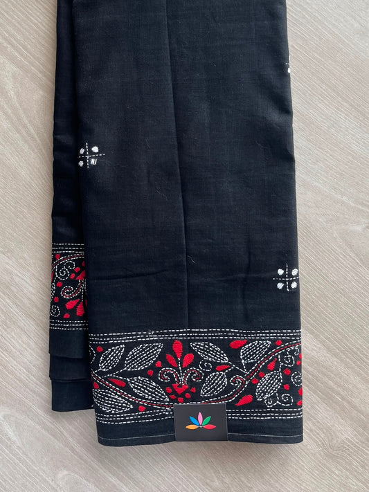 Black Kantha Stitch Cotton Saree - 33505
