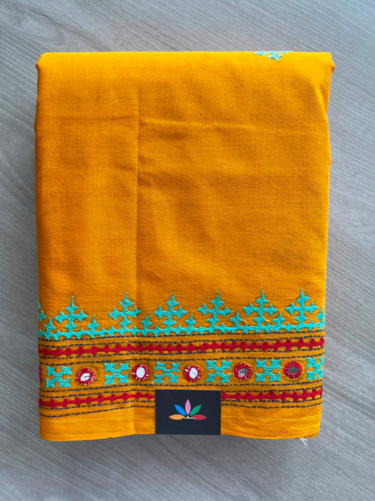 Orange Peel Shade Handcrafted Gujarati Stitch Cotton Saree - 33506