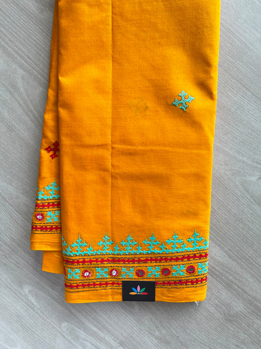 Orange Peel Shade Handcrafted Gujarati Stitch Cotton Saree - 33506