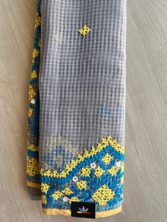 Steel Gray Gujarati Stitch Embroidery Resham Kota Saree - 33904