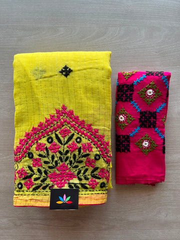 Bright Yellow Gujarati Stitch Embroidery Resham Kota Saree - 33905
