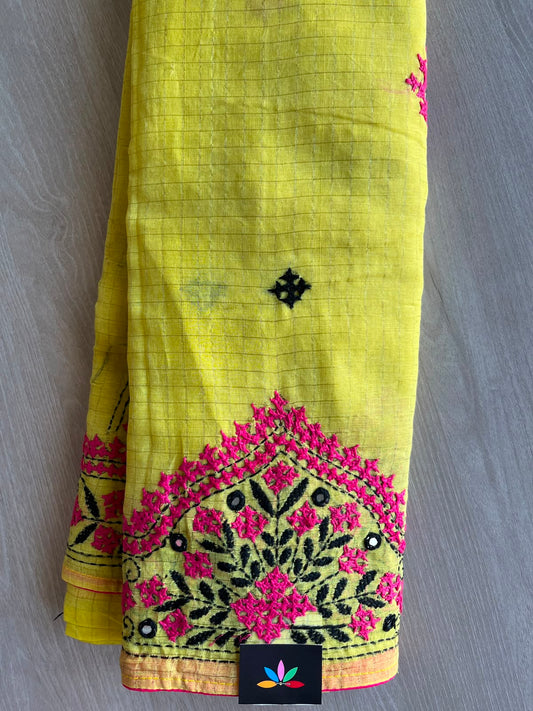 Bright Yellow Gujarati Stitch Embroidery Resham Kota Saree - 33905