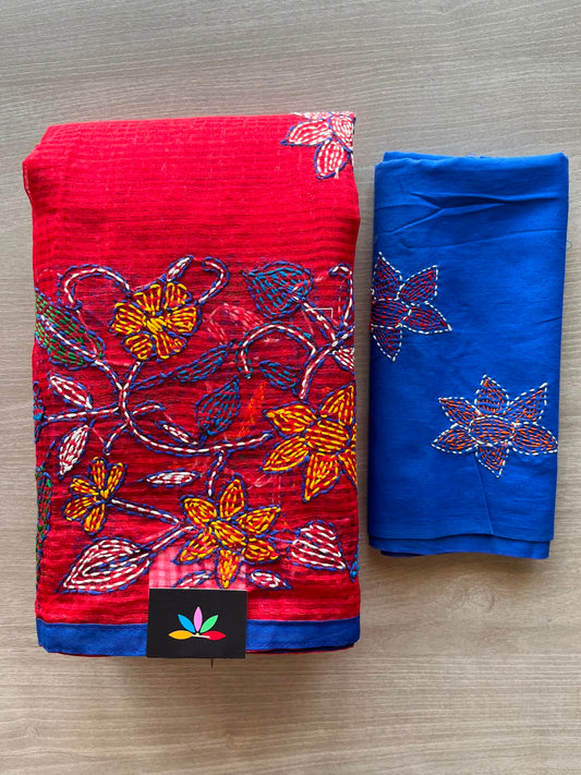Vibrant Red Kantha Stitch Resham Kota Saree - 33906