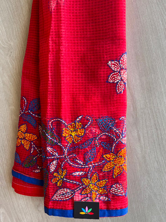 Vibrant Red Kantha Stitch Resham Kota Saree - 33906