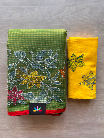 Deep Olive Green Kantha Stitch Resham Kota Saree - 33907