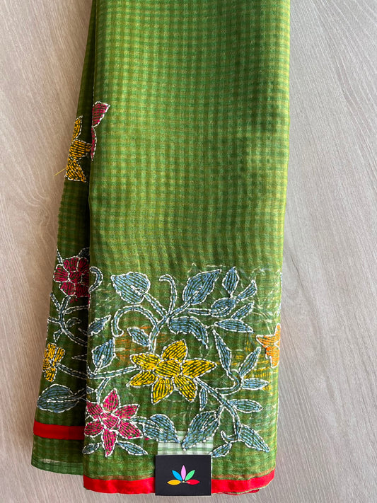 Deep Olive Green Kantha Stitch Resham Kota Saree - 33907