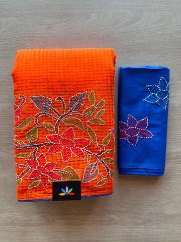 Vivid Orange Kantha Stitch Resham Kota Saree - 33908
