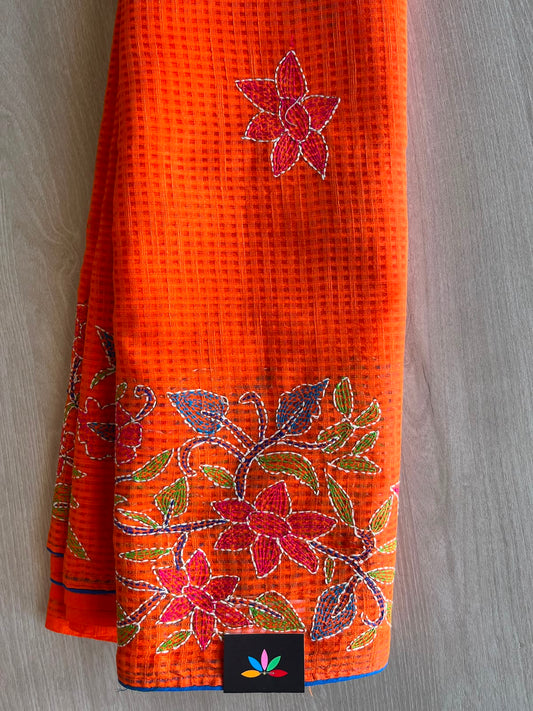 Vivid Orange Kantha Stitch Resham Kota Saree - 33908
