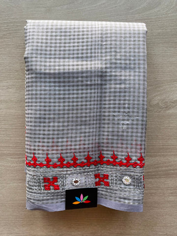 Steel Gray Gujarati Stitch Embroidery Resham Kota Saree (Without Blouse) - 33909