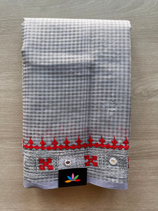 Steel Gray Gujarati Stitch Embroidery Resham Kota Saree (Without Blouse) - 33909