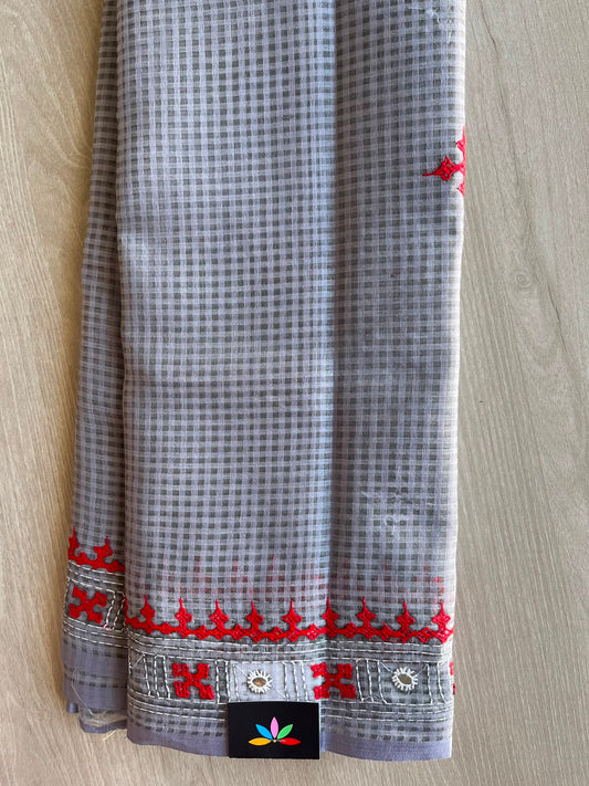 Steel Gray Gujarati Stitch Embroidery Resham Kota Saree (Without Blouse) - 33909