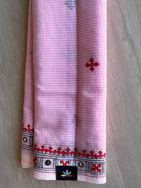 Light Pink Gujarati Stitch Embroidery Resham Kota Saree (Without Blouse) - 33910