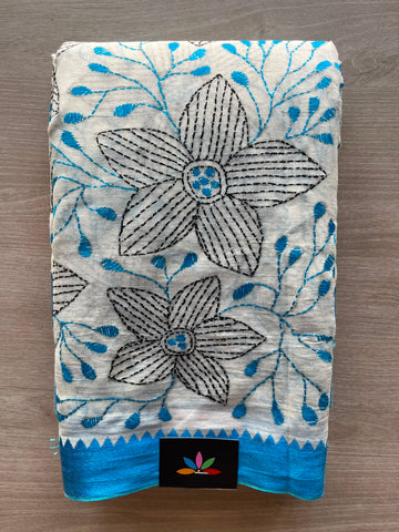 Off White Kantha Stitch Cotton Saree (Without Blouse) - 33911