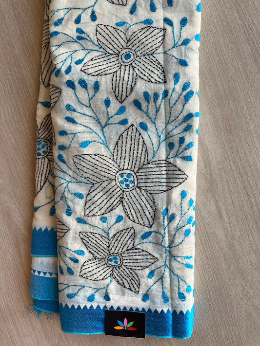 Off White Kantha Stitch Cotton Saree (Without Blouse) - 33911