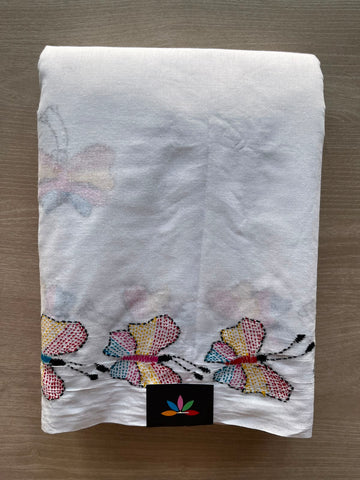 White Handcrafted Kantha Embroidered Cotton Saree – White with Multicolour Butterfly Motifs - 33912
