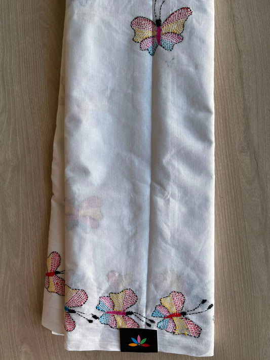 White Handcrafted Kantha Embroidered Cotton Saree – White with Multicolour Butterfly Motifs - 33912