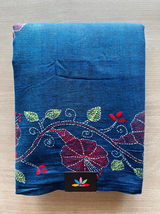 Yale Blue Kantha Stitch Cotton Saree - 33913