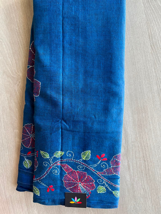 Yale Blue Kantha Stitch Cotton Saree - 33913