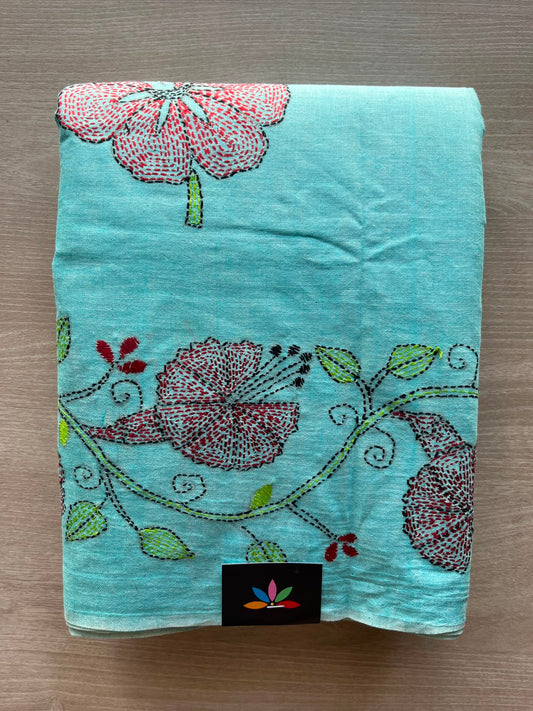 Aqua Blue Kantha Stitch Cotton Saree - 33914