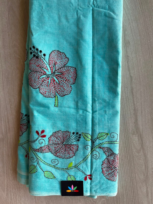Aqua Blue Kantha Stitch Cotton Saree - 33914