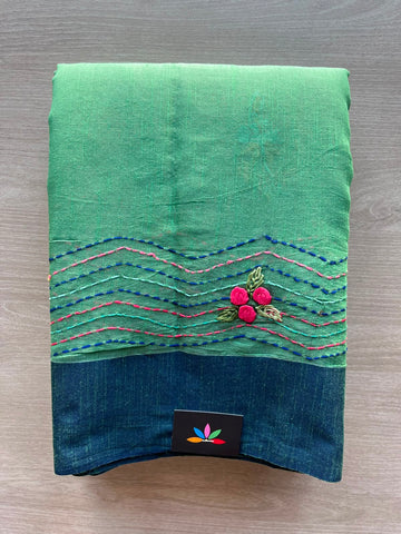 Chateau Green Hand Embroidered Parsi Work Cotton Saree - 33915
