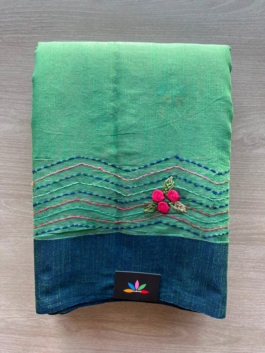 Chateau Green Hand Embroidered Parsi Work Cotton Saree - 33915