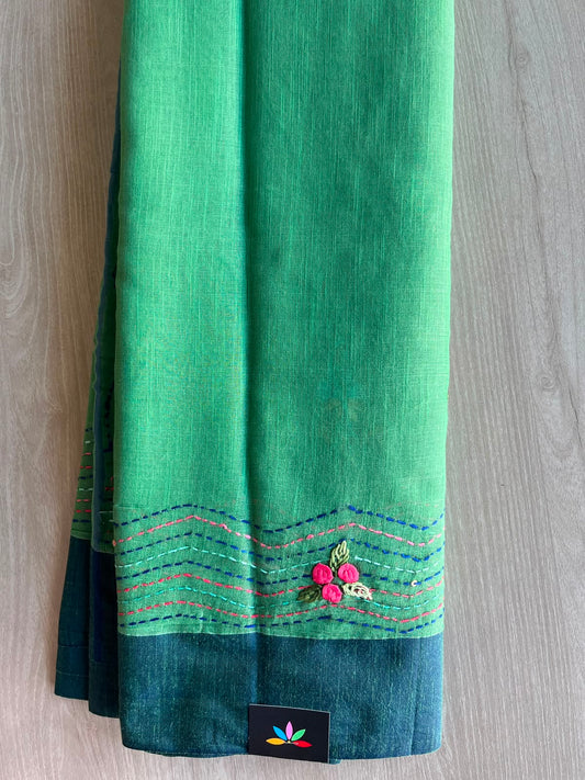 Chateau Green Hand Embroidered Parsi Work Cotton Saree - 33915