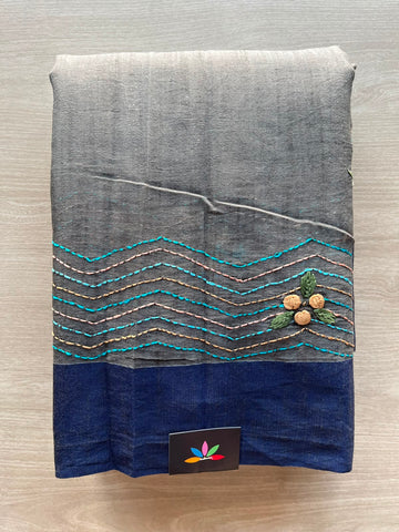 Deep Gray Hand Embroidered Parsi Work Cotton Saree - 33917