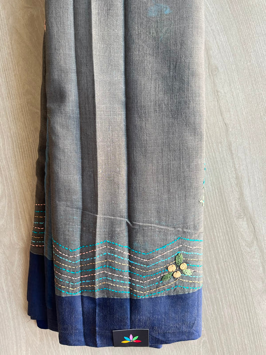 Deep Gray Hand Embroidered Parsi Work Cotton Saree - 33917