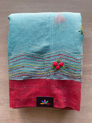 Sky Blue Hand Embroidered Parsi Work Cotton Saree - 33918